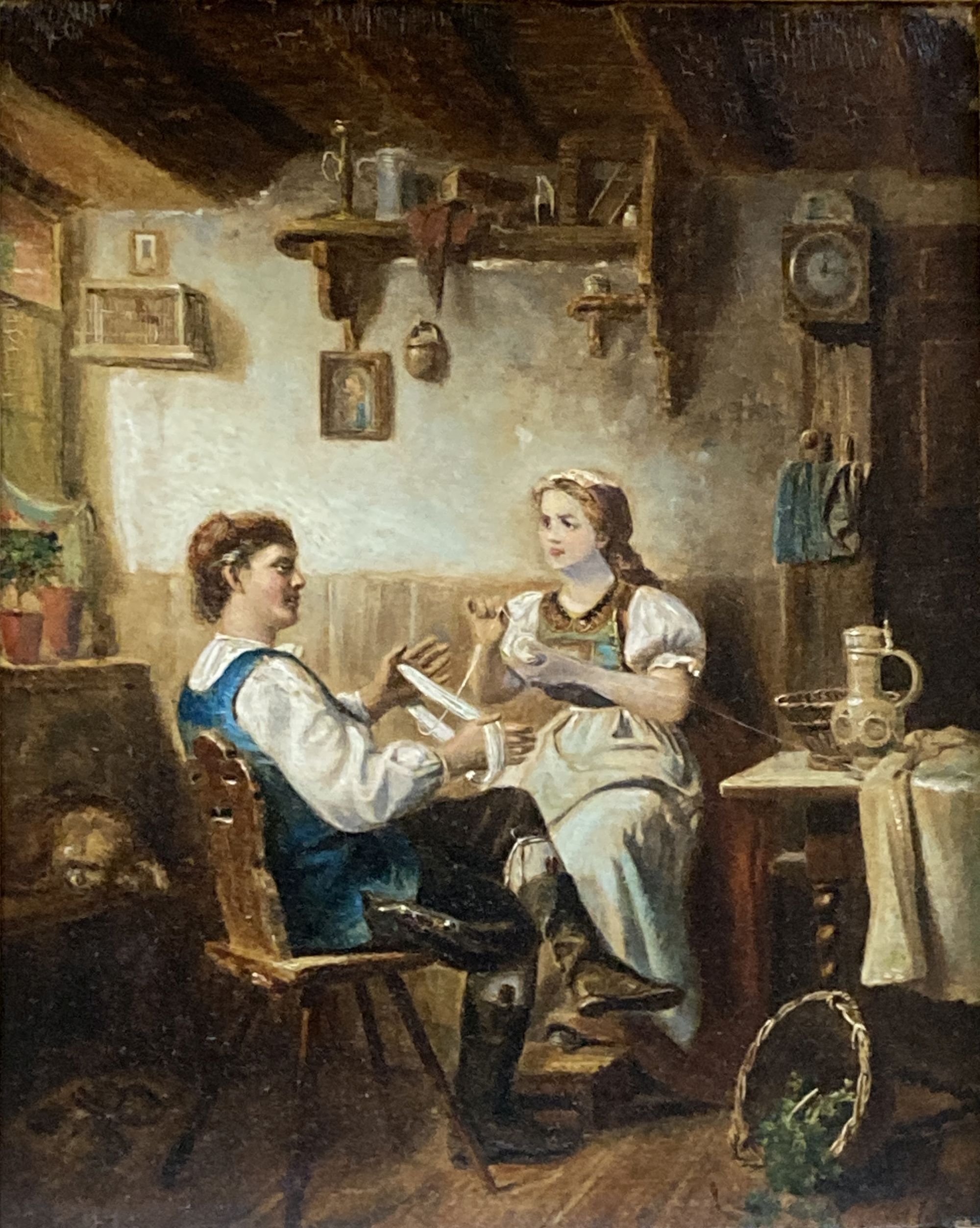 A Victorian overpainted print of interior with lovers, 24 x 20cm